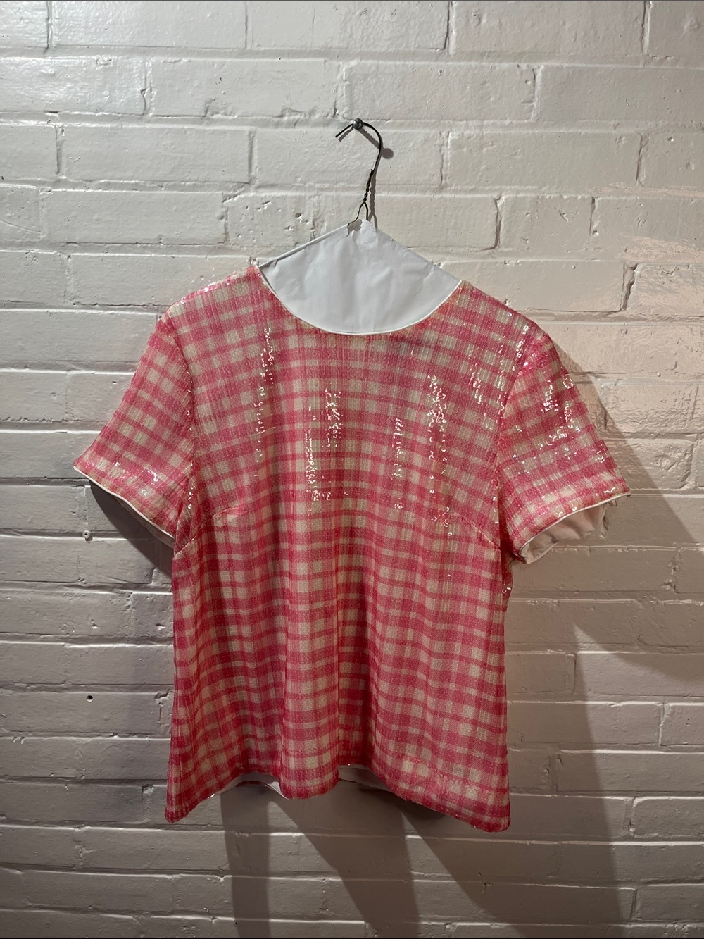 J. Crew Pink and White Gingham Sequin Short Sleeve Top